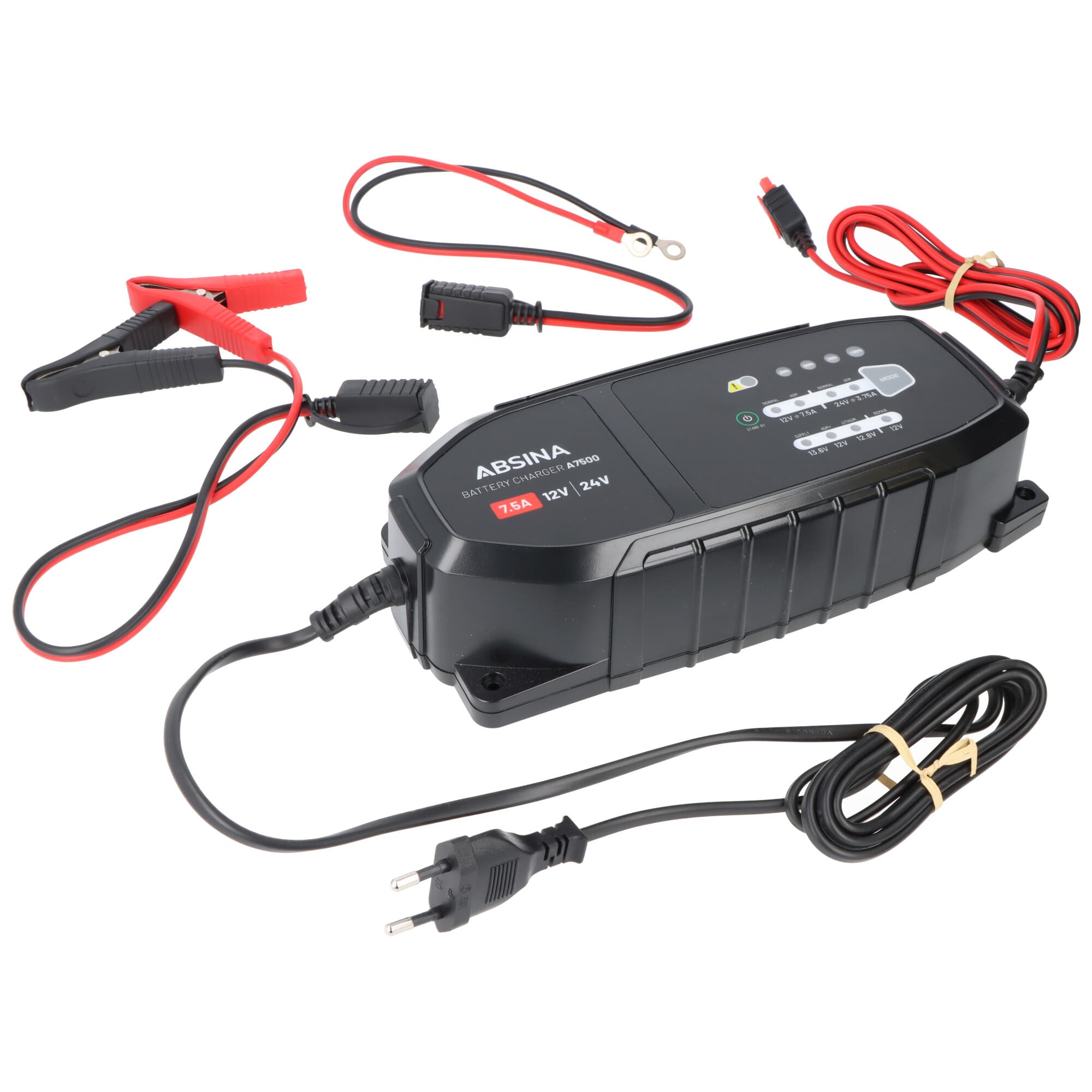 Chargeur Absina A7500, chargeur pour batteries au plomb 12-24V et LiFePO4, courant de charge maximum 7,5A, idéal pour voitures, motos, camping-cars