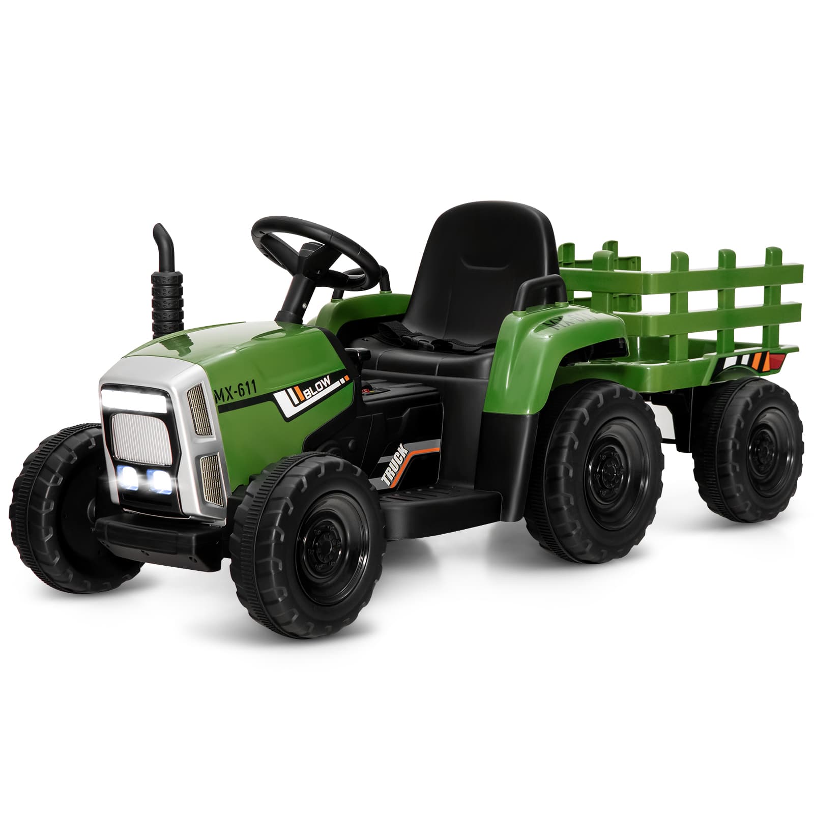 CostwayTracteur Electrique avec Remorque pour Enfants 3 Vitesses Lumières LED Fonctions Audio USB et Bluetooth Vert foncé